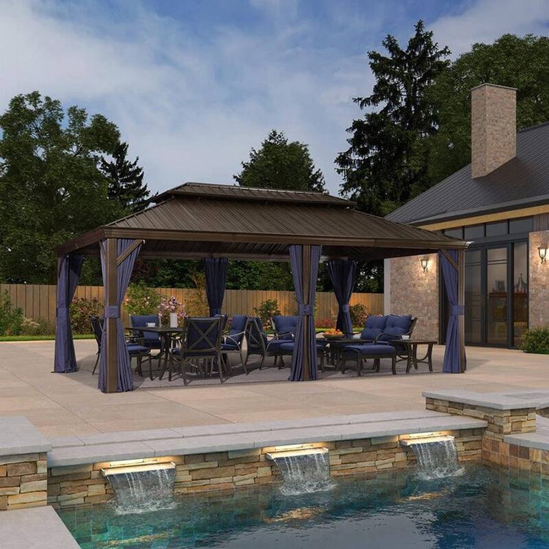 PURPLE LEAF 12' X 20' Hardtop Gazebo Outdoor Metal Double Roof Gazebo for Patio - Navy Blue(without balls)