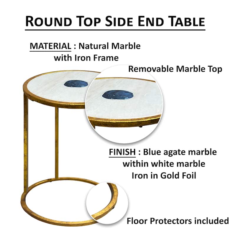 20 Inch Round Side End Table, White Marble Top with Blue Agate Stone Inlay, Gold Foil Finish Iron Frame