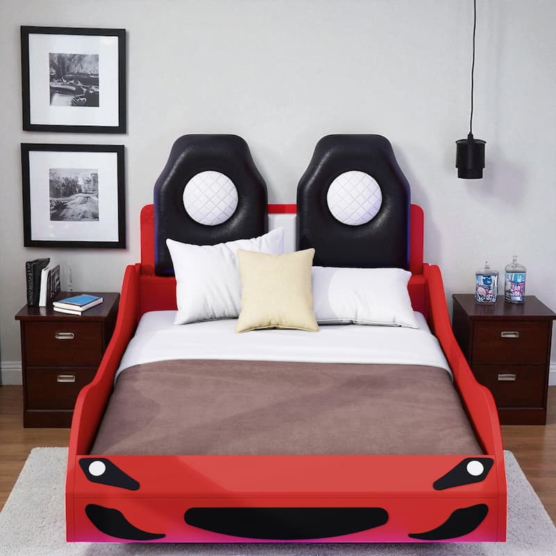 Twin Size Wood Race Car Platform Bed with LED Lights, Upholstered Backrest & Safety Rails