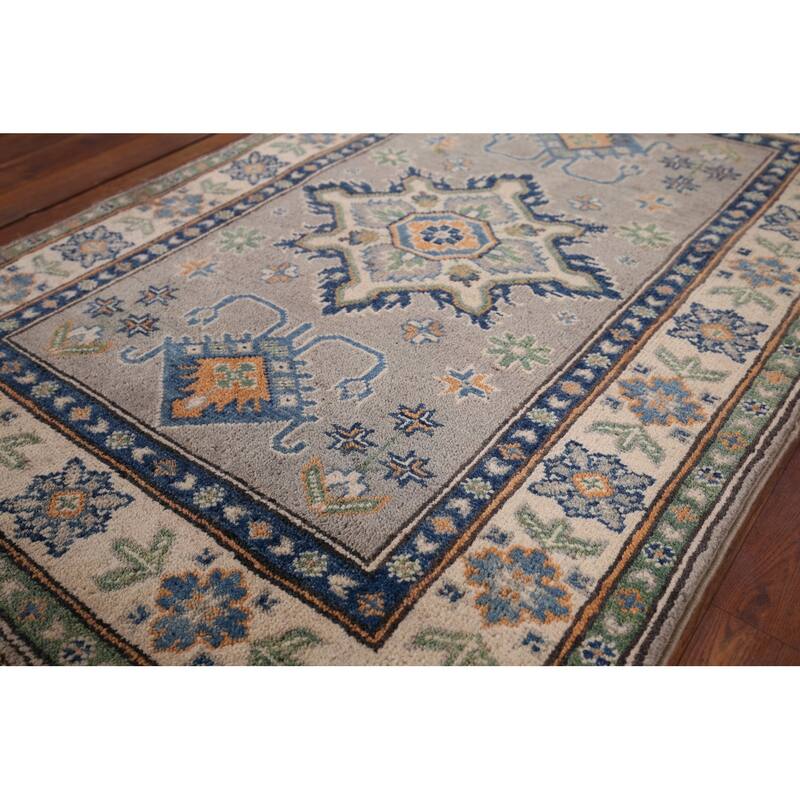 Geometric Kazak Foyer Rug Handmade Grey Wool Carpet - 2'9" x 4'0"