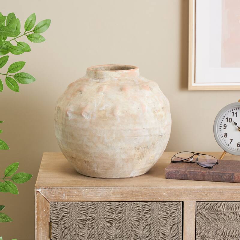 Beige Ceramic Antique Short Wide Decorative Vase with Shades of Pink - Beige