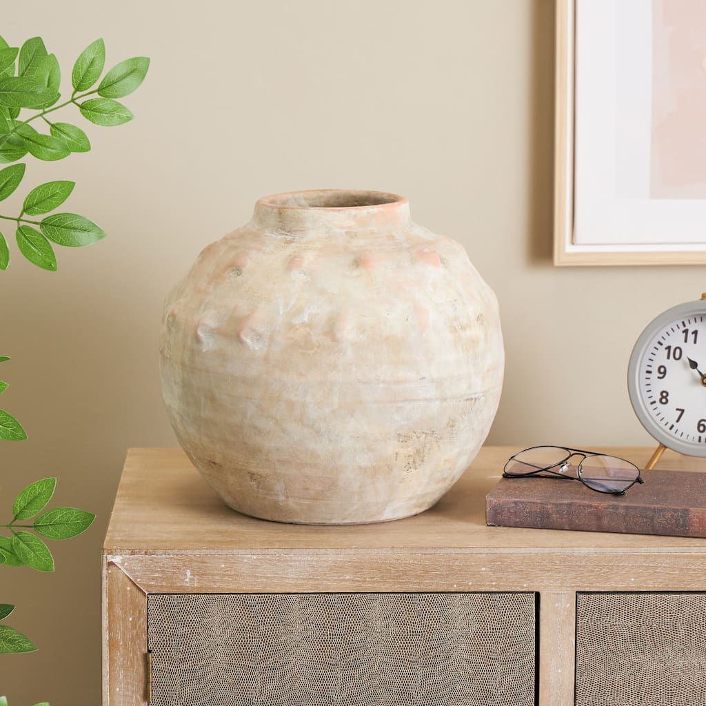 Beige Ceramic Antique Short Wide Decorative Vase with Shades of Pink