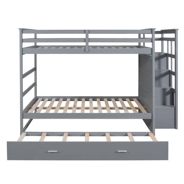 slide 2 of 9, Full Over Full Bunk Bed with Twin Size Trundle, Platform Bed with Staircase, Wooden Bed Frame with Storage Drawers, Grey Grey - Full