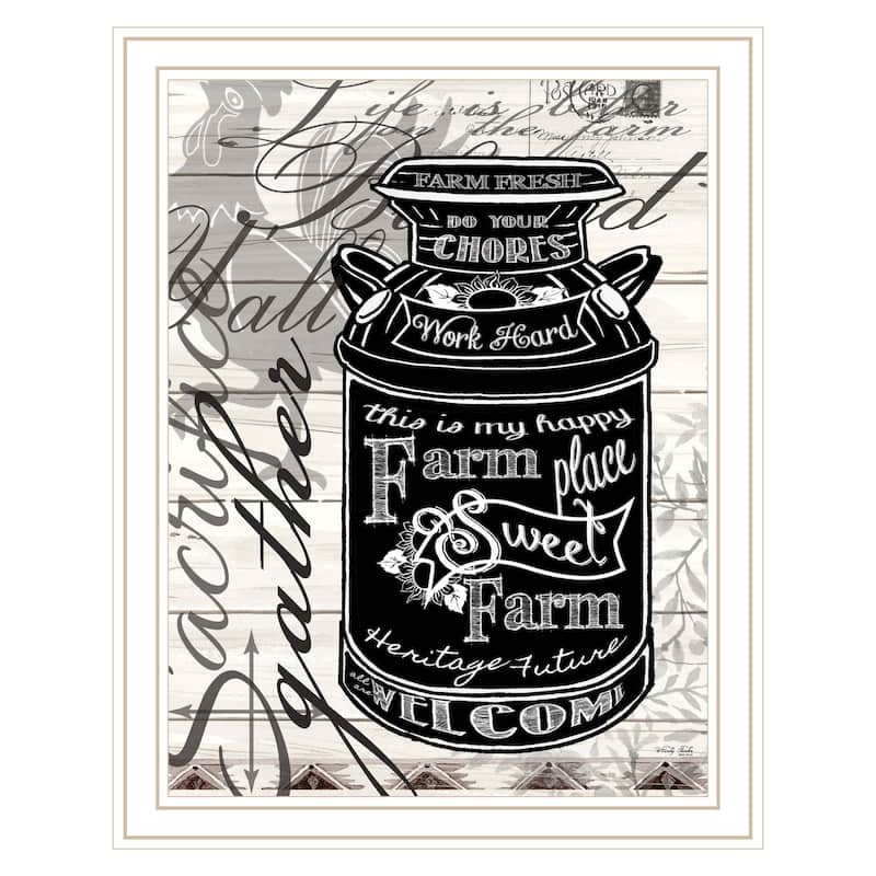 TrendyDecor4U Contemporary "FARM SWEET FARM MILK CAN" Framed Print Wall Art - White