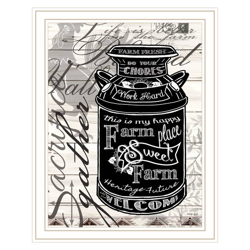 TrendyDecor4U Contemporary "FARM SWEET FARM MILK CAN" Framed Print Wall Art - White