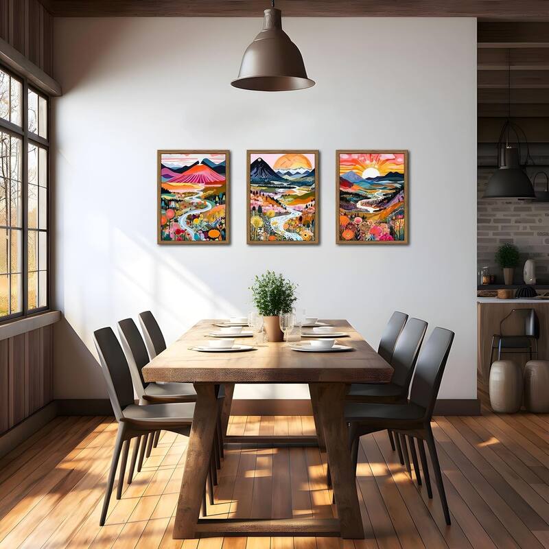 Colorful Wall Art, Set of 3 Abstract Watercolor Mountain Landscape