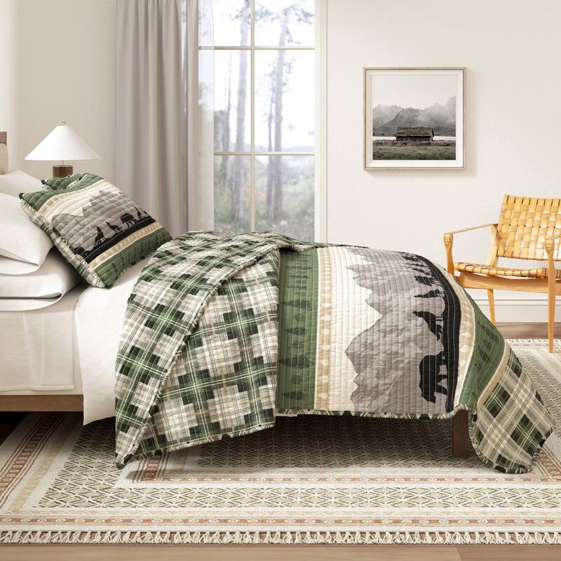 Linery & Co. Mountain Scape & Plaid Microfiber Quilt Set With Shams - Forest Patchwork - Twin