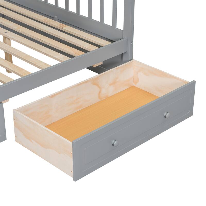 Wooden Storage Bunk Bed Frame with Fence-shaped Guardrails and Pull-out Drawers, Convertible 2 Platform Beds, Detachable Design