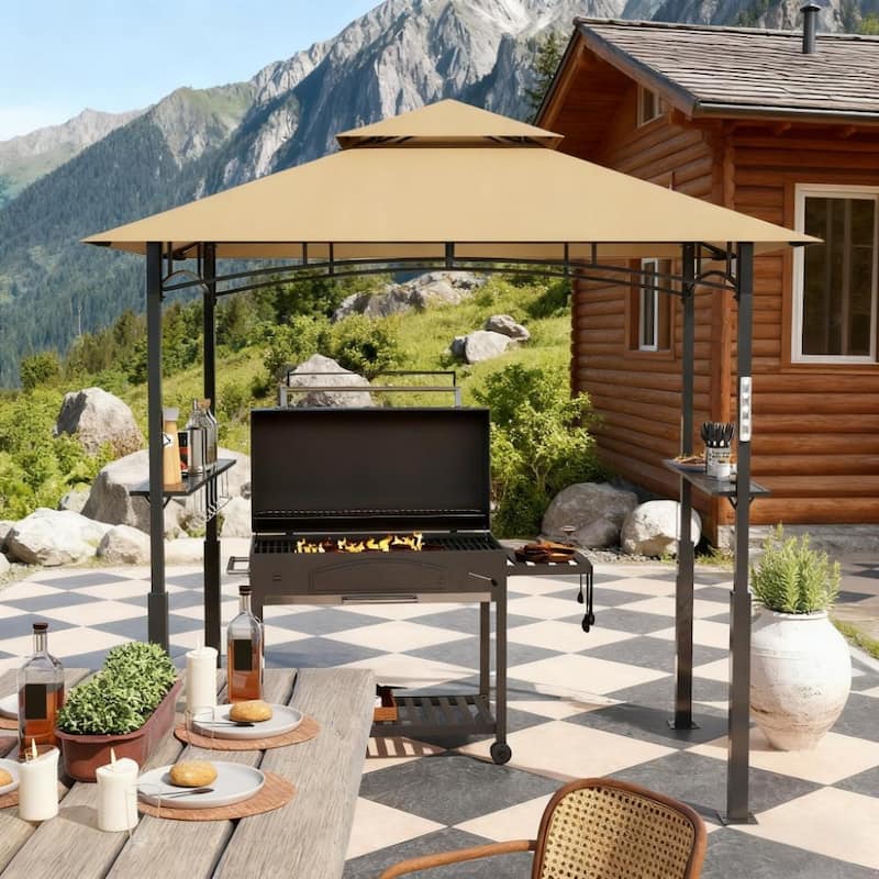 GDFStudio - 8'x5' Outdoor Double-Tier Grill Canopy with LED Light & Storage Shelves