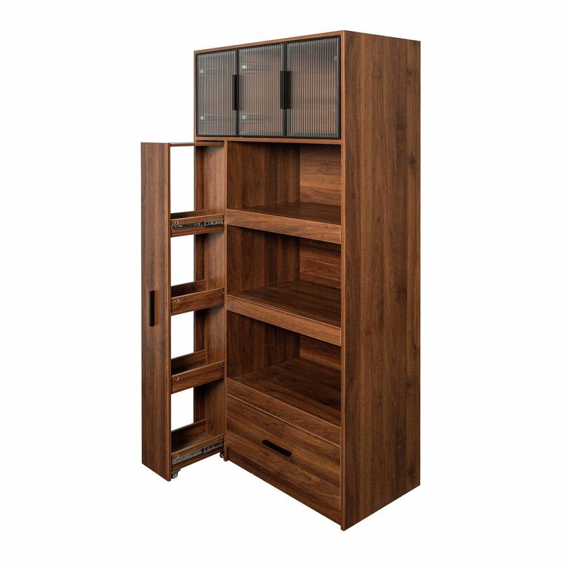 70.87" Tall Kitchen Pantry Cabinet with 4-Tier Side Shelf and 2 Drawers