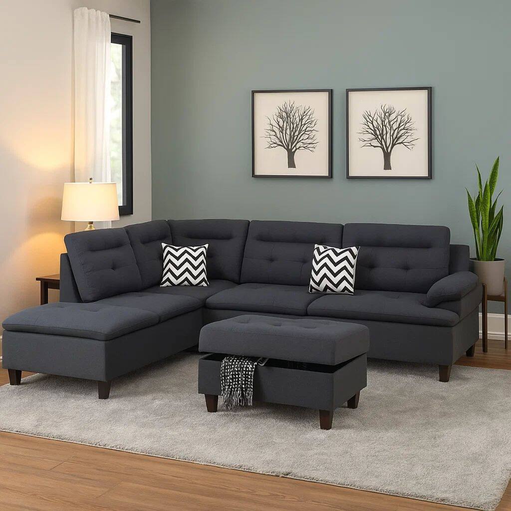 Olga 3 Piece L Shape Sectional Sofa, Ottoman, 2 Pillows, Charcoal Gray
