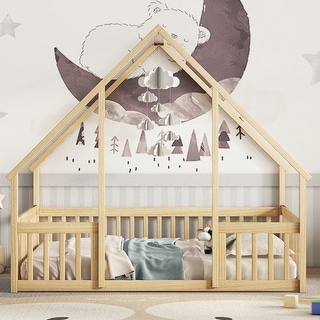 Full Floor House Bed with Fence,Guardrails for Home