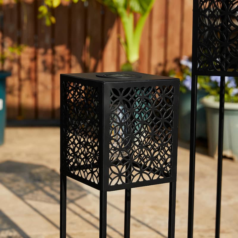 Glitzhome Set of 2 Black Metal Cutout Pattern Solar Powered Edison Bulb Outdoor Floor Lantern or planter stands