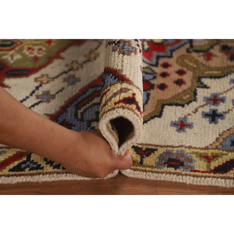 Geometric Beige Kazak Runner Rug Handmade Hallway Wool Carpet - 2'7" x 10'0"