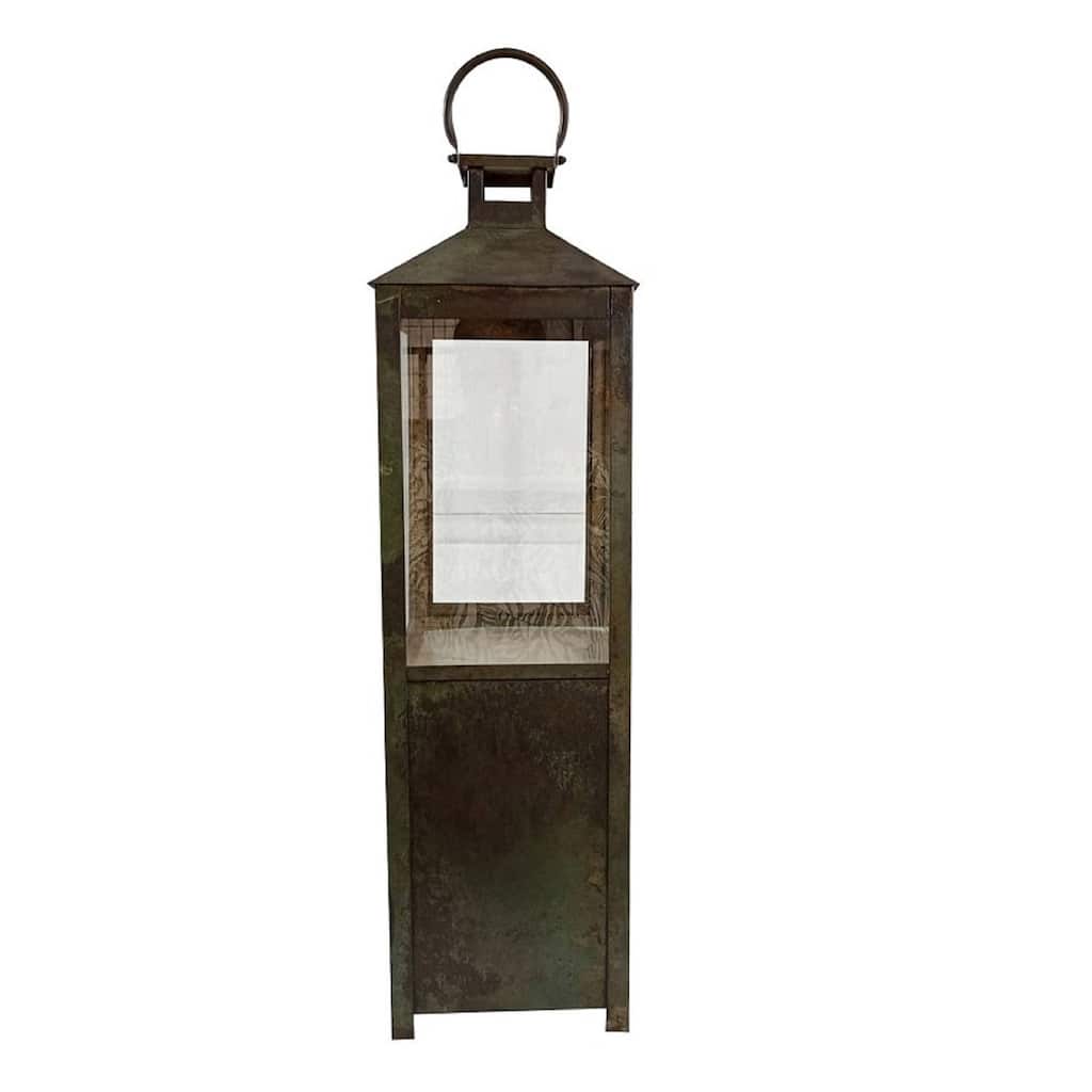 Large Lantern Green Patina Iron & Glass H 34.7" & Dia 8.66" - GREEN PATINA
