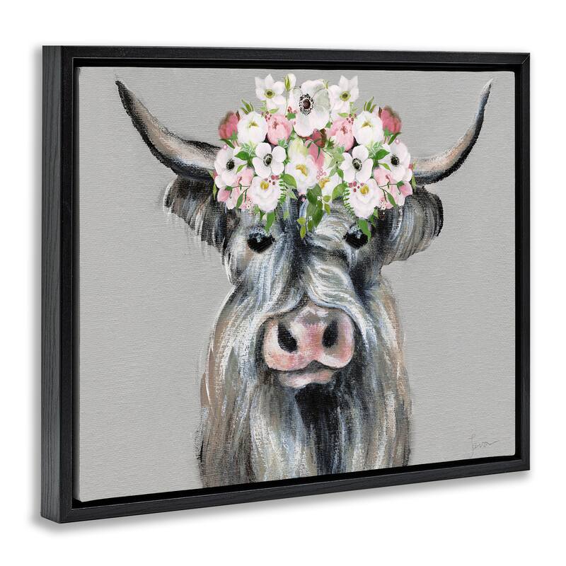 Stupell Shabby Chic Cattle with Garland Framed Floater Canvas Wall Art Design By Janet Tava