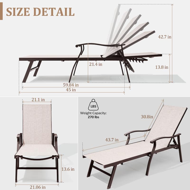 VredHom Outdoor Aluminum Adjustable Chaise Lounge Chairs - 76.18" L ×21.1" W ×13.8" H