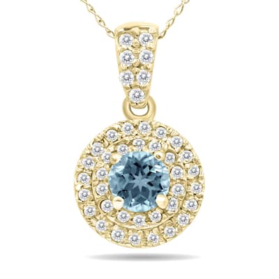 Marquee 3/4 Carat TW Double Halo Aquamarine And Diamond Pendant in 10K Yellow Gold
