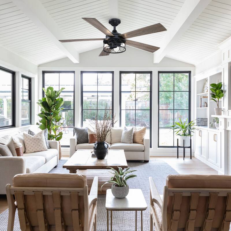 52" Farmhouse Black 5-Blade LED Ceiling Fan with Remote - 52 In. W X 52 In. H X 14.5 In. D