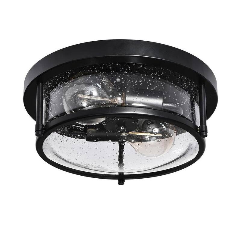 Farmhouse Black Round Seeded Glass Drum Semi Flush Ceiling Light -12in
