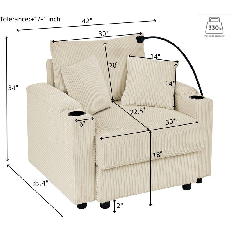 Corduroy Sofa Accent Chair & Ottoman Set, Single Chaise Lounge Couch with Storage Armrests, Cup Holders and Phone Stand