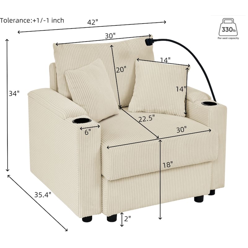Corduroy Sofa Chair with Storage Armrest, Cup Holders and Phone Stand