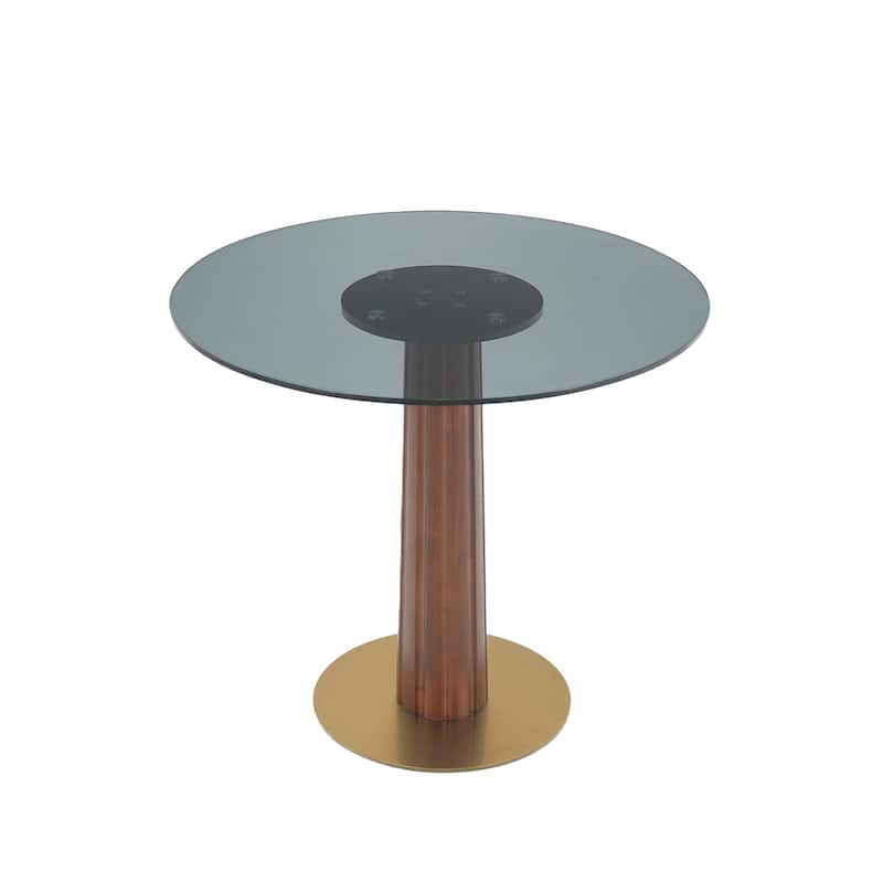 Modern Round Dining Table, 33.5" Tempered Glass Table with Wooden Leg & Gold Base, 2 - Person Kitchen Table for Small Space