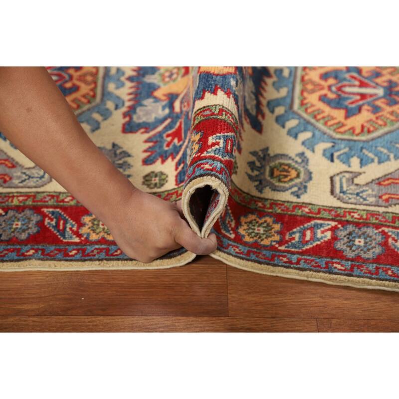 Geometric Kazak Foyer Rug Handmade Beige Wool Carpet - 2'8"x 4'1"