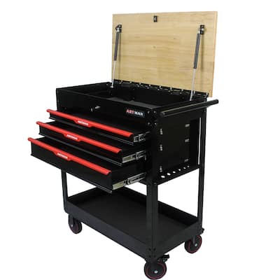 3 Drawers Multifunctional Tool Cart with Wheels and Wooden Top Multiple Uses - Home office or garage