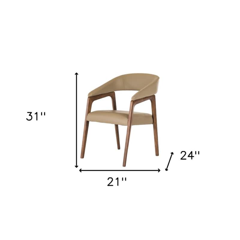 31"Tall Contemporary Dining Armchair in Taupe Faux Leather with Curved Wood Back and Brown Wood Legs - 31"H x 21"W x 24"D