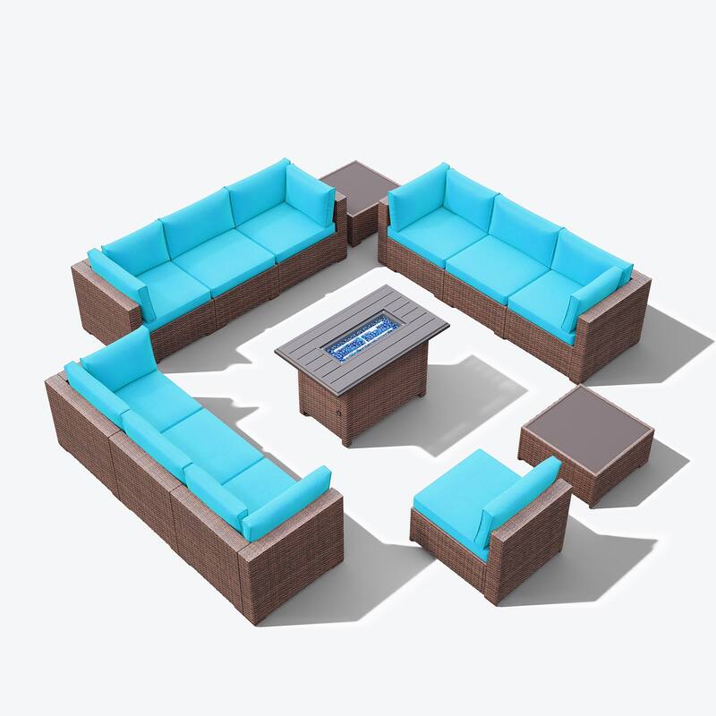 13 Piece Wicker Set Patio Sofa Furniture with Fire Pit And Table