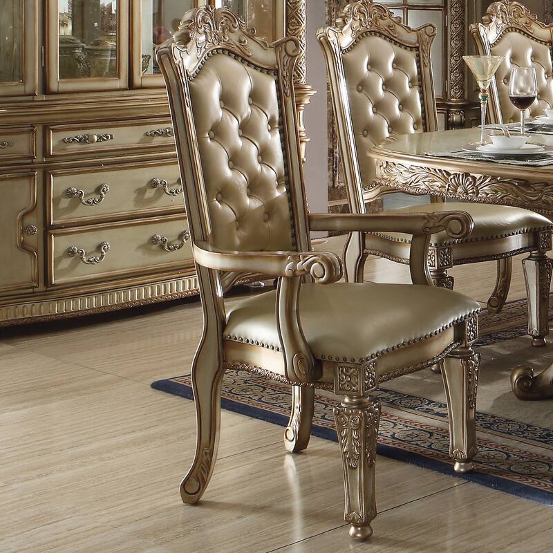 Bone and Gold Patina Arm Chair with Tufted Back (Set of 2)