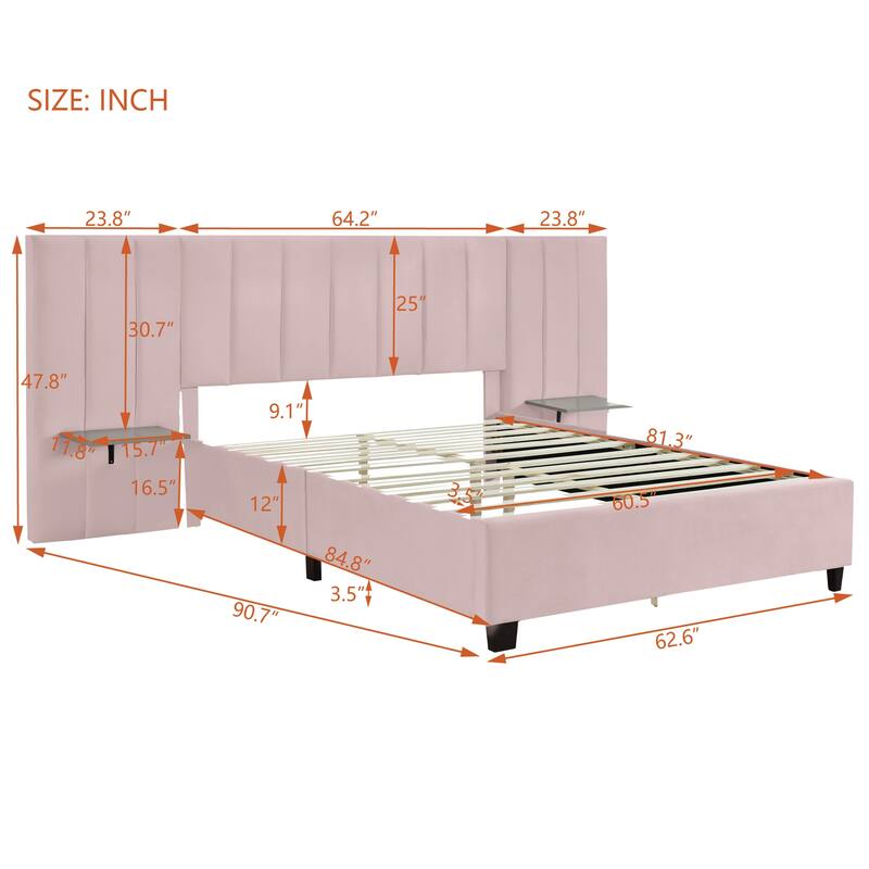 Modern Velvet Upholstered Platform Bed with Large Headboard