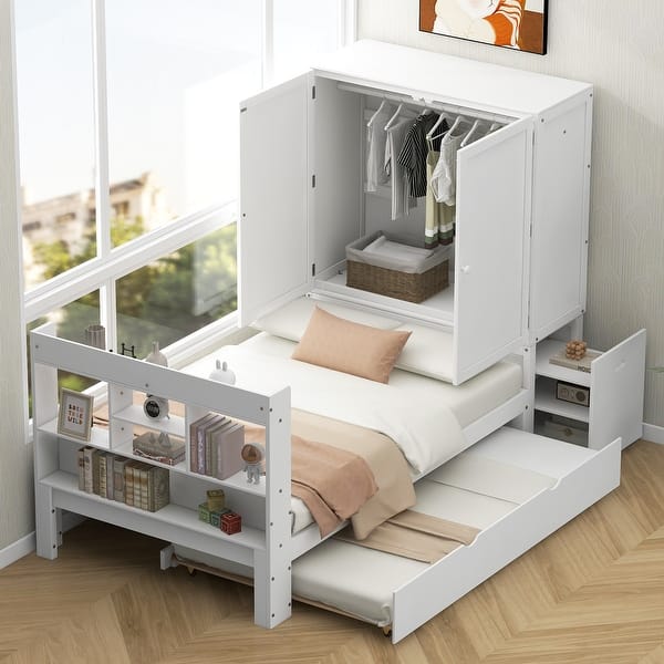 slide 2 of 21, Nestfair Twin Size Platform Bed with Storage Headboard and Footboard, Pull Out Shelves and Twin Size Trundle White