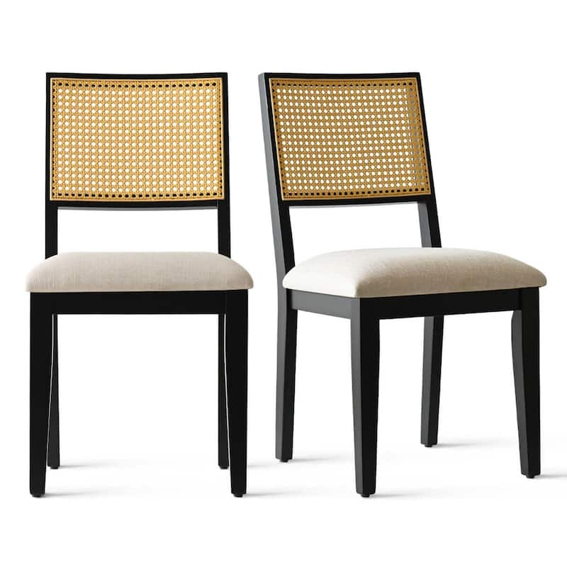 Rattan Back Upholstered Dining Chair With Solid Wood Legs(Set of 2)
