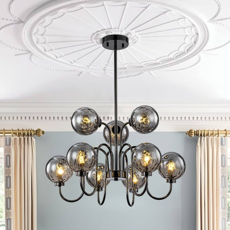 Glam 9-Light Smoked Glass Globe Pearl Black Sputnik Chandelier 23.6in