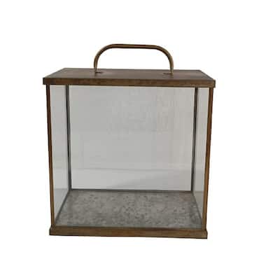 Antique-Style Rectangular Aged Iron Lantern - 11.5" - Brown
