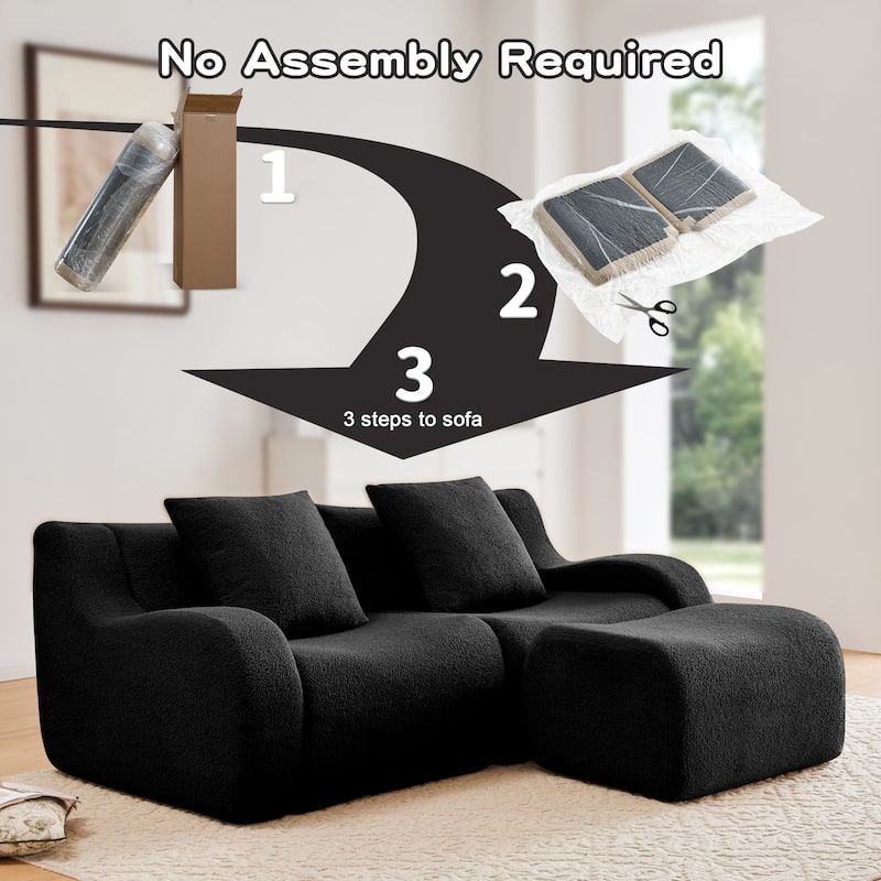L-Shaped Teddy Fabric 2-Seat Boneless Sofa, No Assembly Required Curved Armrest, Streamlined Design Ergonomic Design
