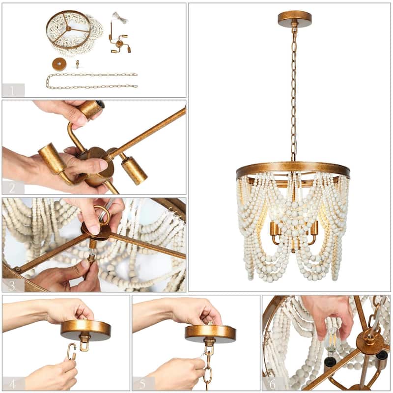 Renia Modern Farmhouse Rustic Costal Lantern Wood Beaded Chandelier 4-light Tiered Ceiling Light - 17" W x 85" H - 2-tier/ 15.5inches