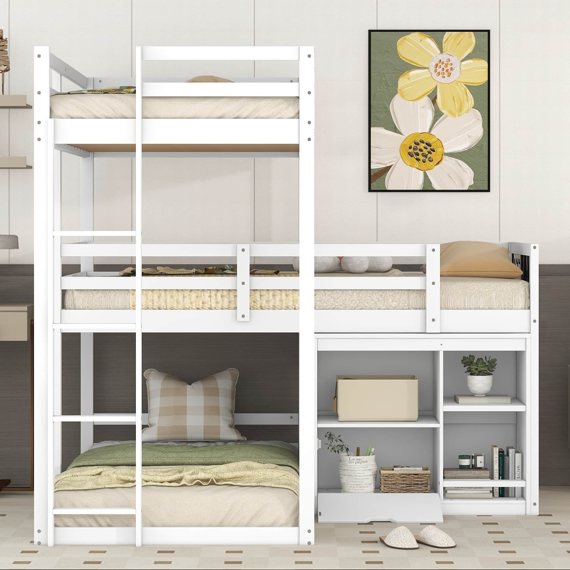 LShaped Triple Bunk Bed with Storage Blackboard, and Space