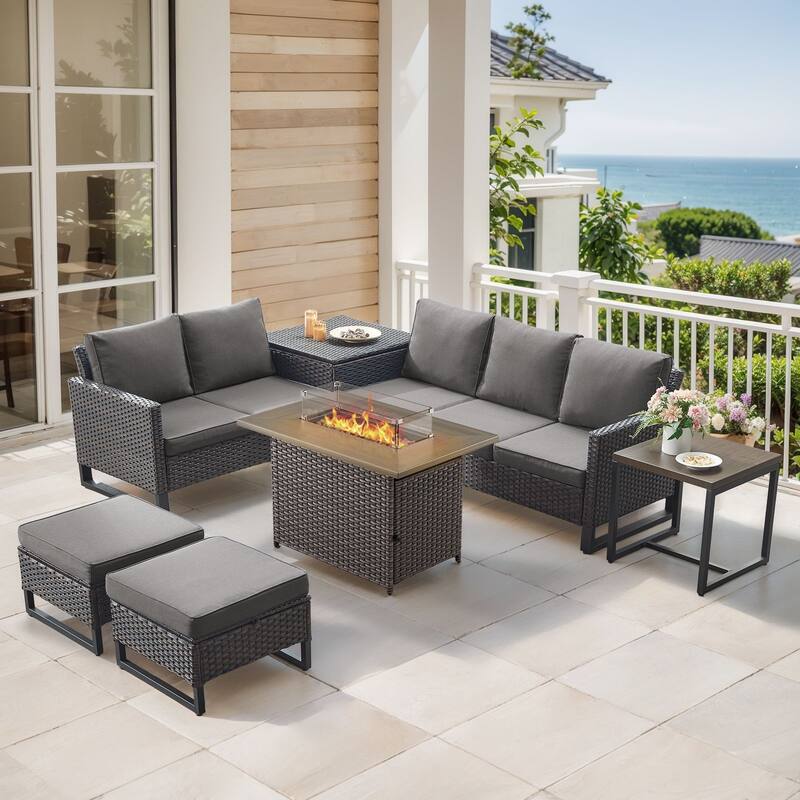 Gymojoy 7 Piece Wicker Outdoor Patio U-shaped feet Conversation Set Group , Include Fire Pit Table