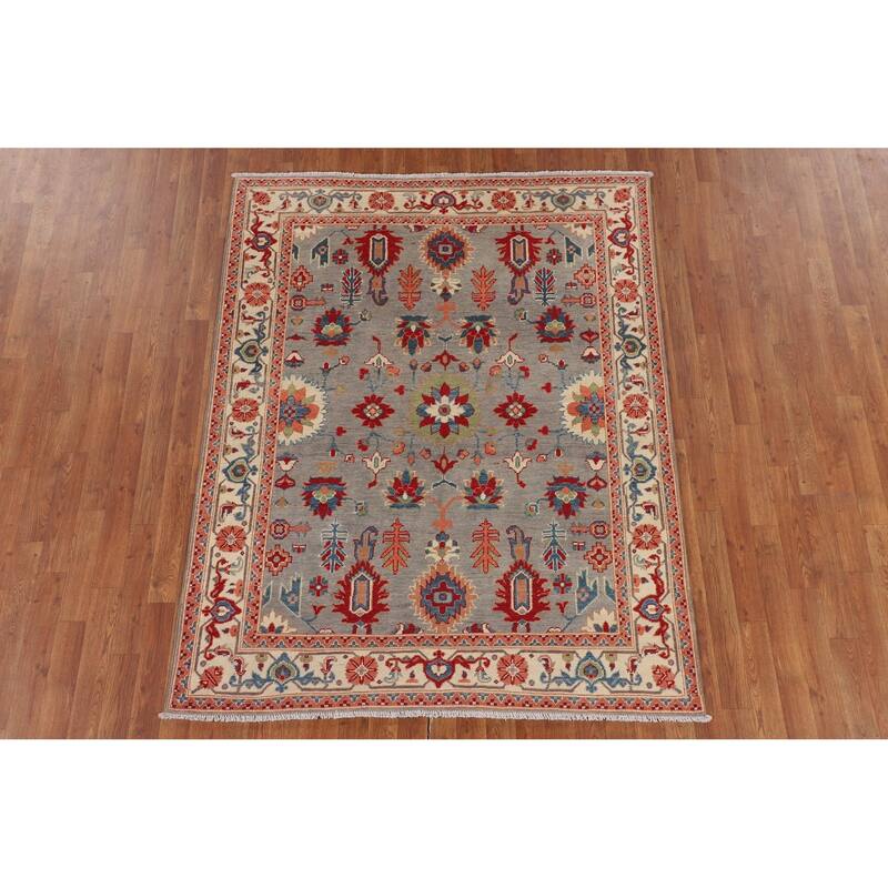 Floral Kazak Area Rug Handmade Traditional Grey Wool Carpet - 5'0" x 6'5"