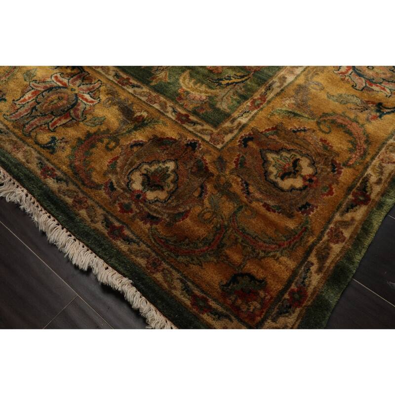 6'3''x9'3'' Hand Knotted Wool Green Plush Pile Traditional Botanical Agra Gold Wash Silky Sheen Rug - 6' 3'' x 9' 3''