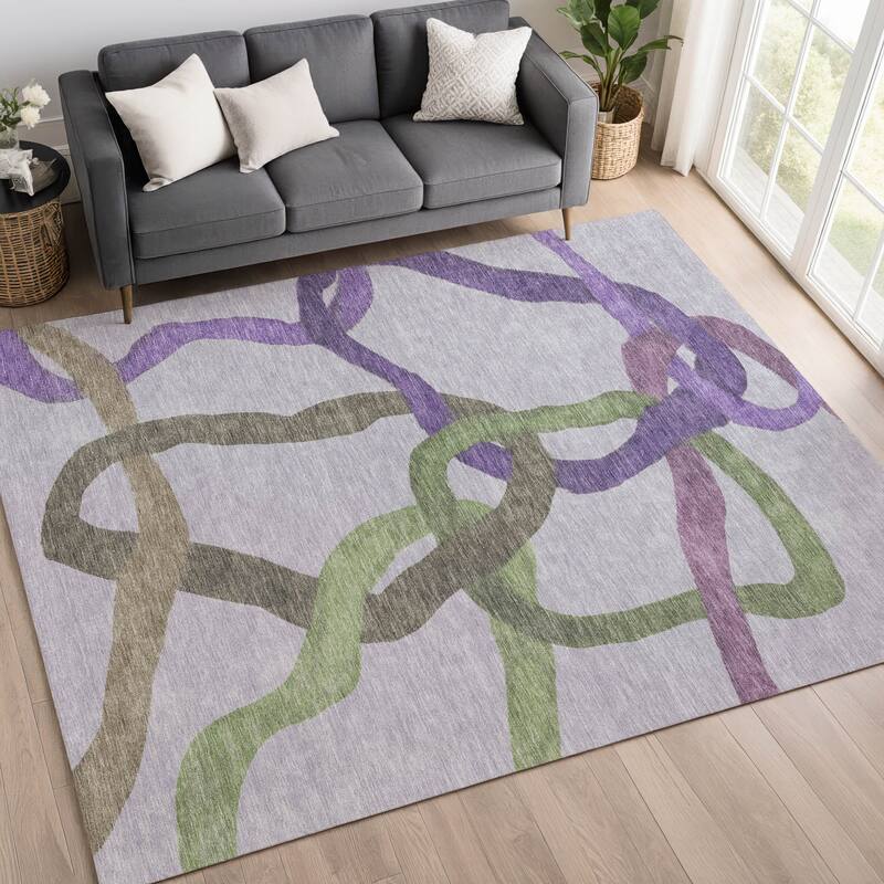 Machine Washable Indoor/ Outdoor Abstract Links Chantille Rug