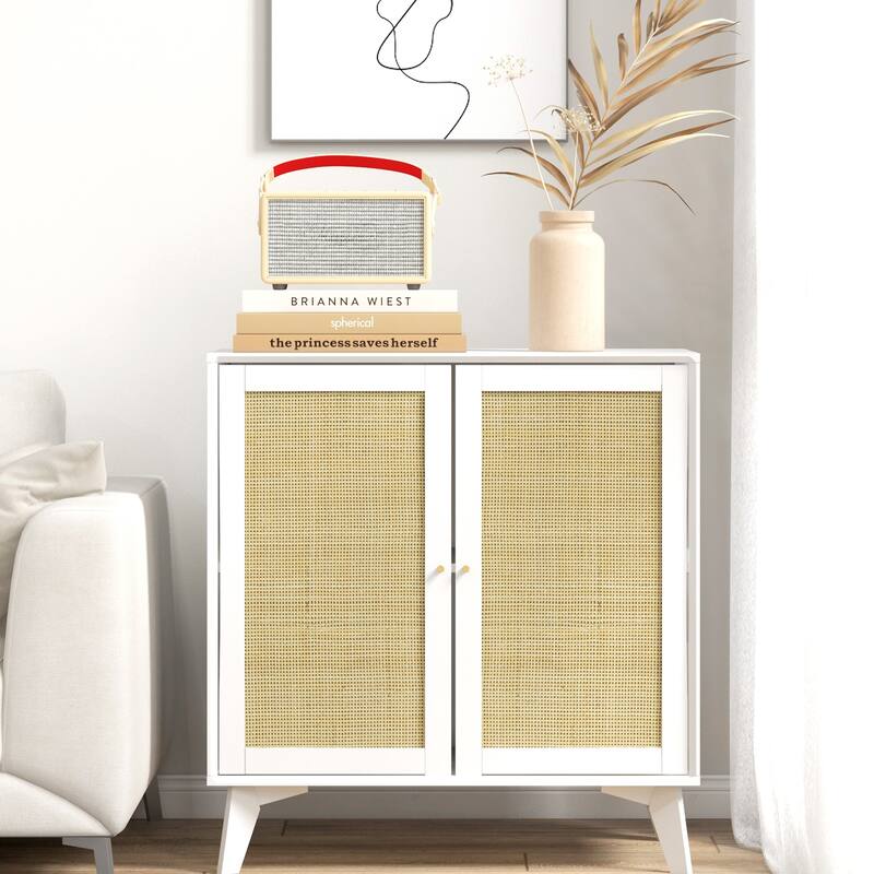 HOMCOM Boho Storage Cabinet, Kitchen Cabinet with 2 Rattan Doors and Adjustable Shelf for Living Room, Hallway, White