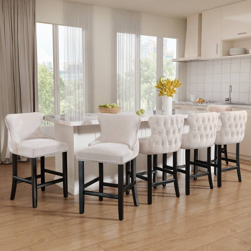Upholstered Wing Back Bar Stools (Set of 6) - Beige Velvet