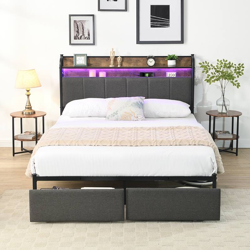 Platform Storage Bed Frame with 2 Drawers and Upholstered Headboard Built-in Charging Station, Smart LED Lights Bed Frame - Black Brown Grey - Full