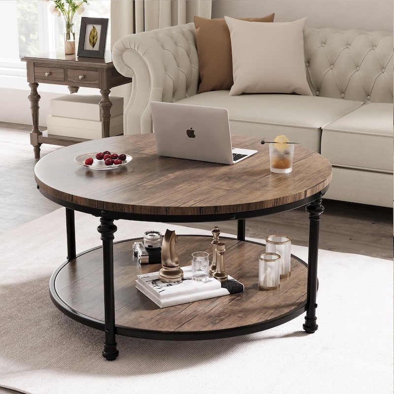 Round Coffee Table, 2 Tier Wooden Coffee Table with Storage, Farmhouse Center Tables