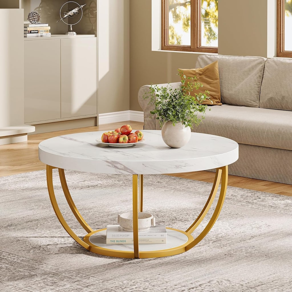 Modern Round Coffee Table, 31.7" 2 Tier C with Faux White Marble