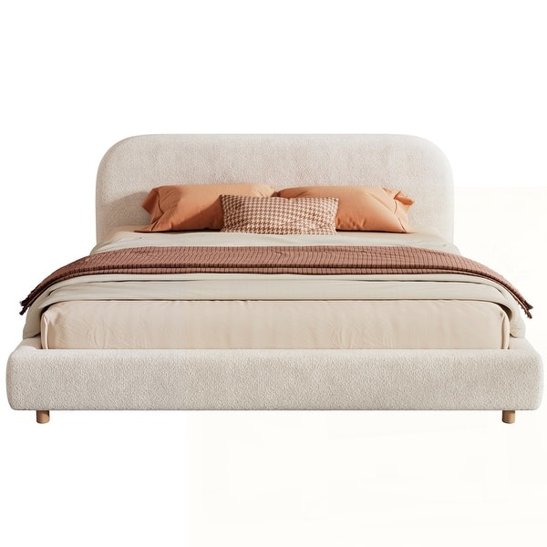 Upholstered Platform Bed with Curve-Shaped Design Headboard - White - King